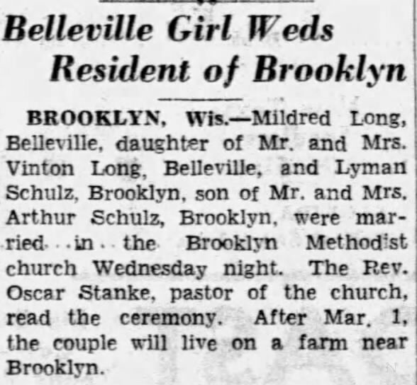 Mildred Long and Lyman Schulz married 22 Feb 1939